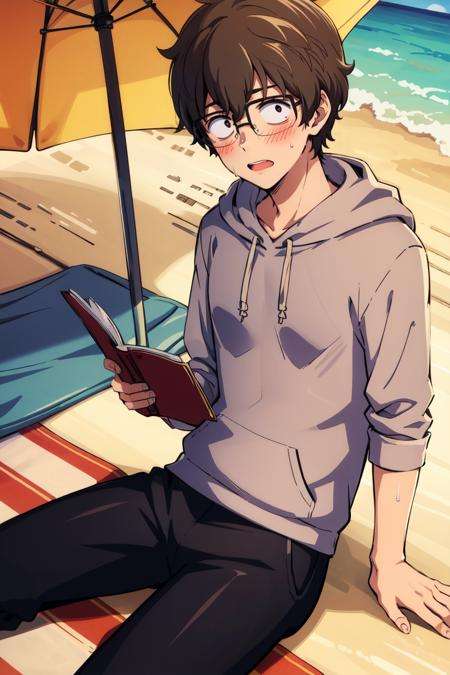 absurdres, highres, best quality, <lora:naoto:1> hachiouji naoto, 1boy, glasses, beach, topless male, swim trunks, blush, sitting, reading, sweat, beach umbrella, beach towel, shade, hoodie, 