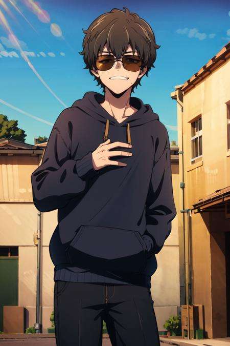 absurdres, highres, best quality, <lora:naoto:1> hachiouji naoto, 1boy, sunglasses, smug, hoodie, 