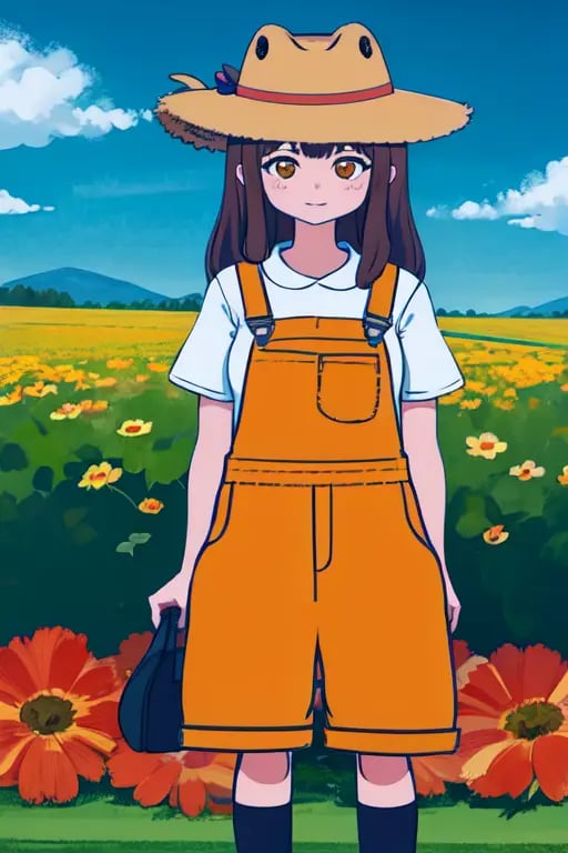 absurdres, highres, best quality,  <lora:megu-lokr (5):1> asdf123, 1girl, full body, overalls, straw hat, farm, outdoors, scenery, 