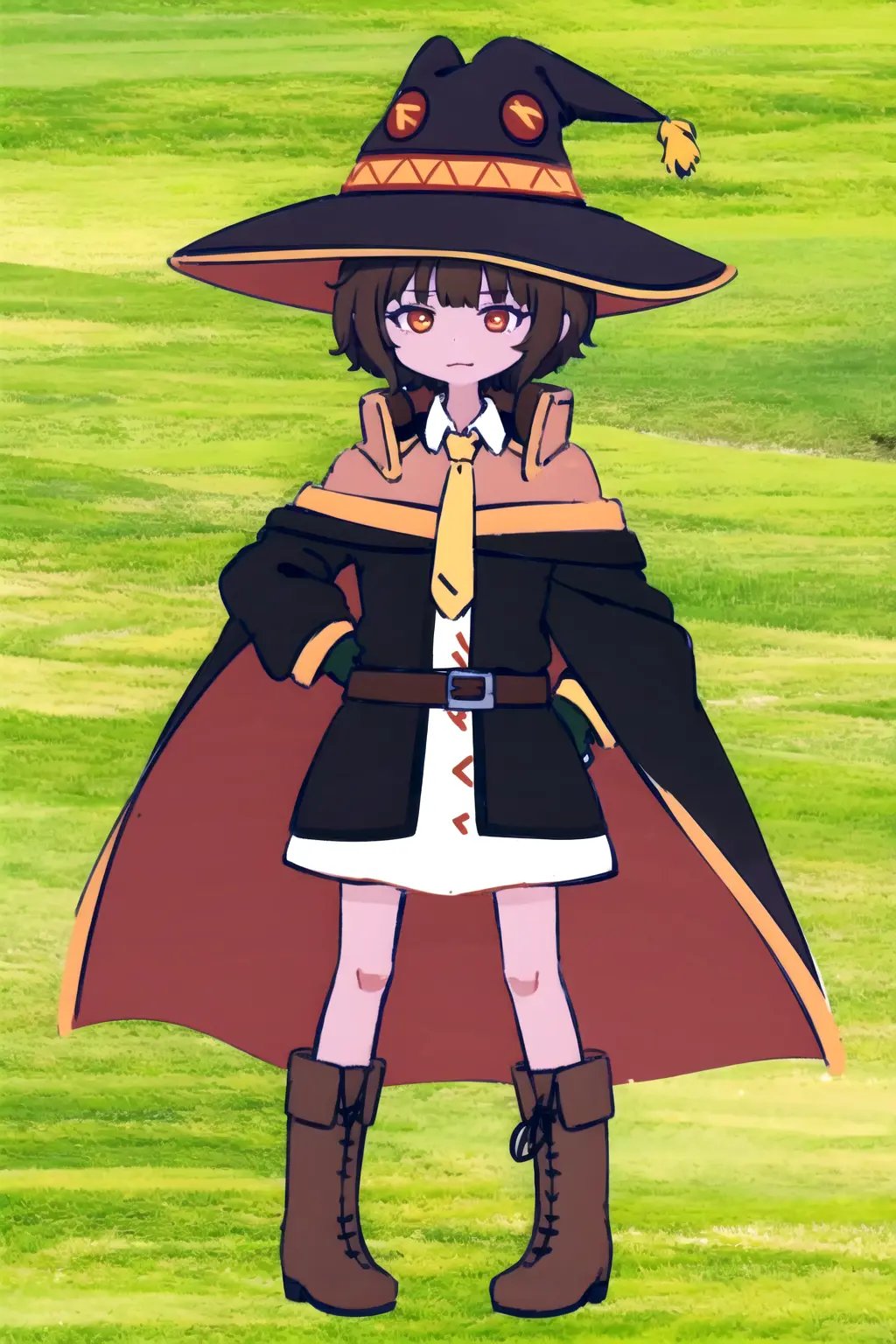 absurdres, highres, best quality,  <lora:megu-lokr (5):1> asdf123, 1girl, hat, witch hat, megumin, solo, short hair, brown hair, red eyes, dress, gloves, fingerless gloves, cape, boots, belt, cosplay, necktie, looking at viewer, full body,