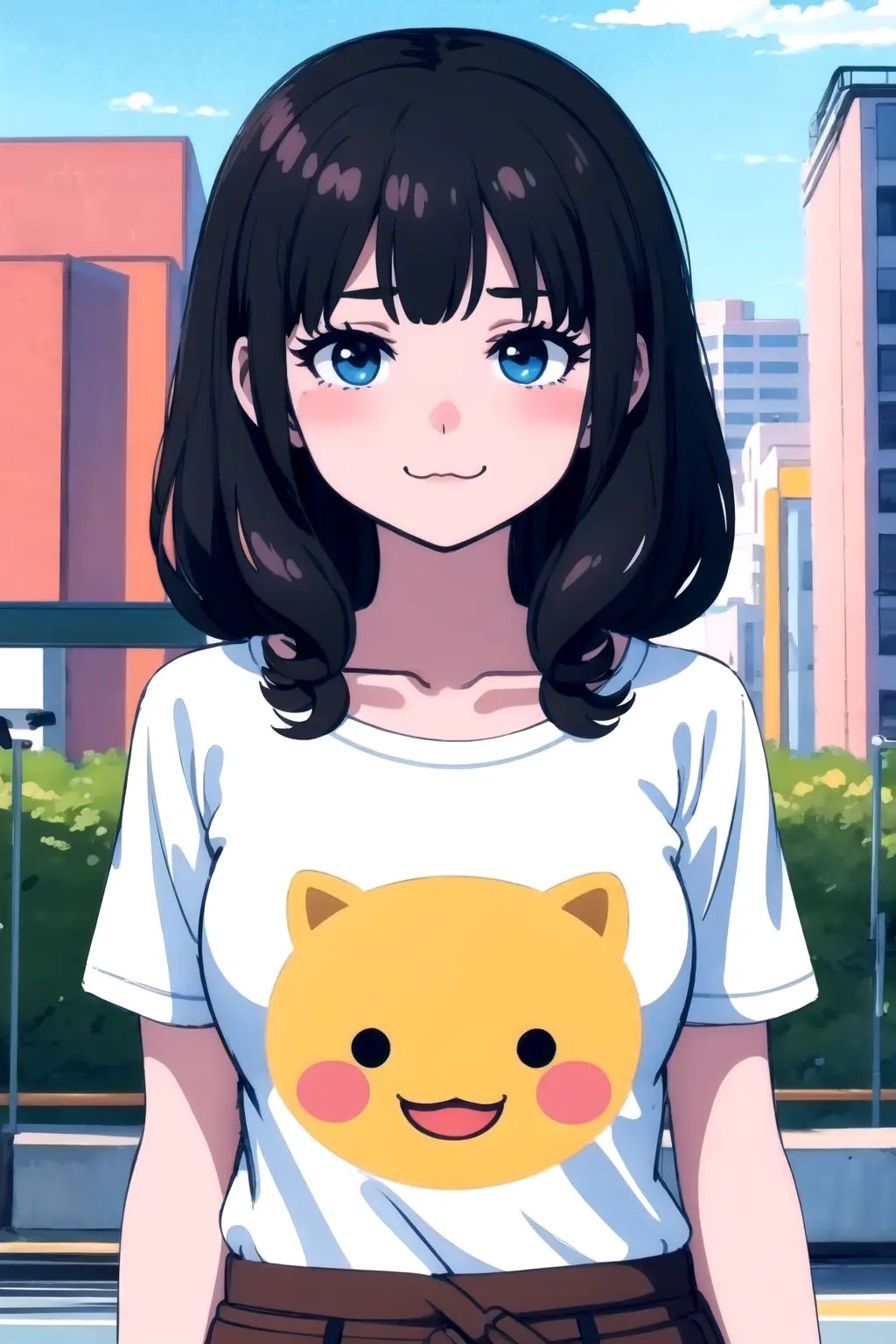 absurdres, highres, best quality,  <lora:megu-lokr (5):1> asdf123, 1girl, t-shirt, emoji print, :3, outdoors, city, 