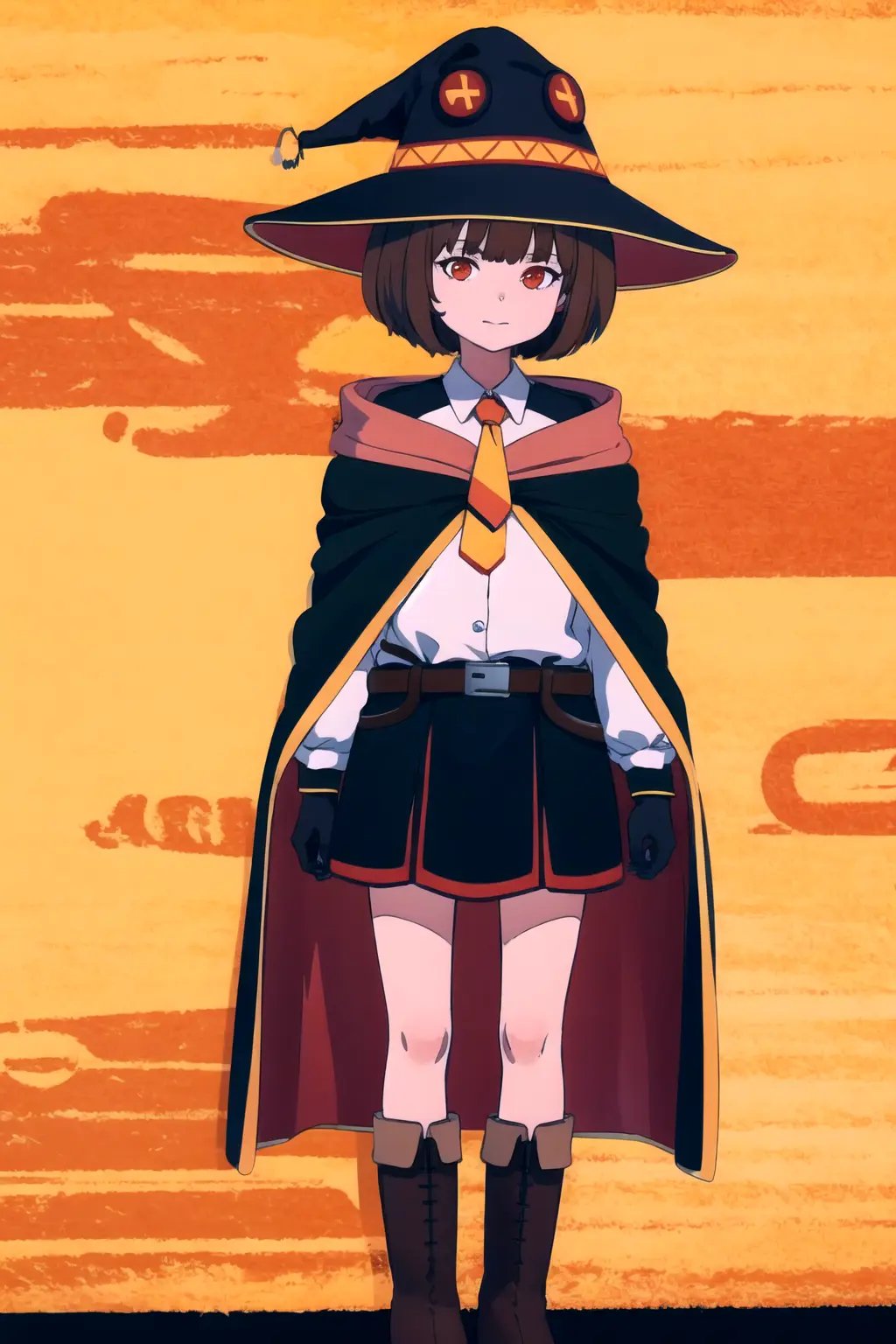 absurdres, highres, best quality,  <lora:megu-lokr (5):1> asdf123, 1girl, hat, witch hat, megumin, solo, short hair, brown hair, red eyes, dress, gloves, cape, boots, belt, cosplay, necktie, looking at viewer, full body, standing, arms behind back, 