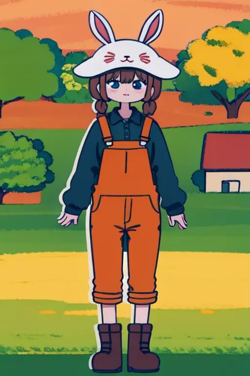 absurdres, highres, best quality,  <lora:megu-lokr (5):1> asdf123, 1girl, full body, overalls, bunny hat, farm, outdoors, scenery, double v, 