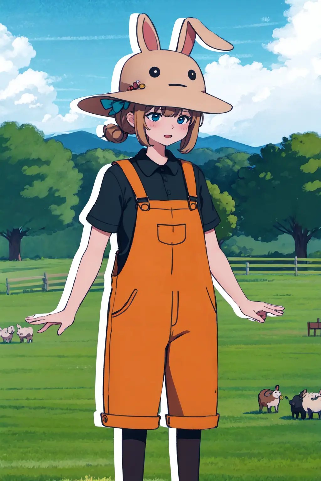 absurdres, highres, best quality,  <lora:megu-lokr (5):1> asdf123, 1girl, full body, overalls, bunny hat, farm, outdoors, scenery, 