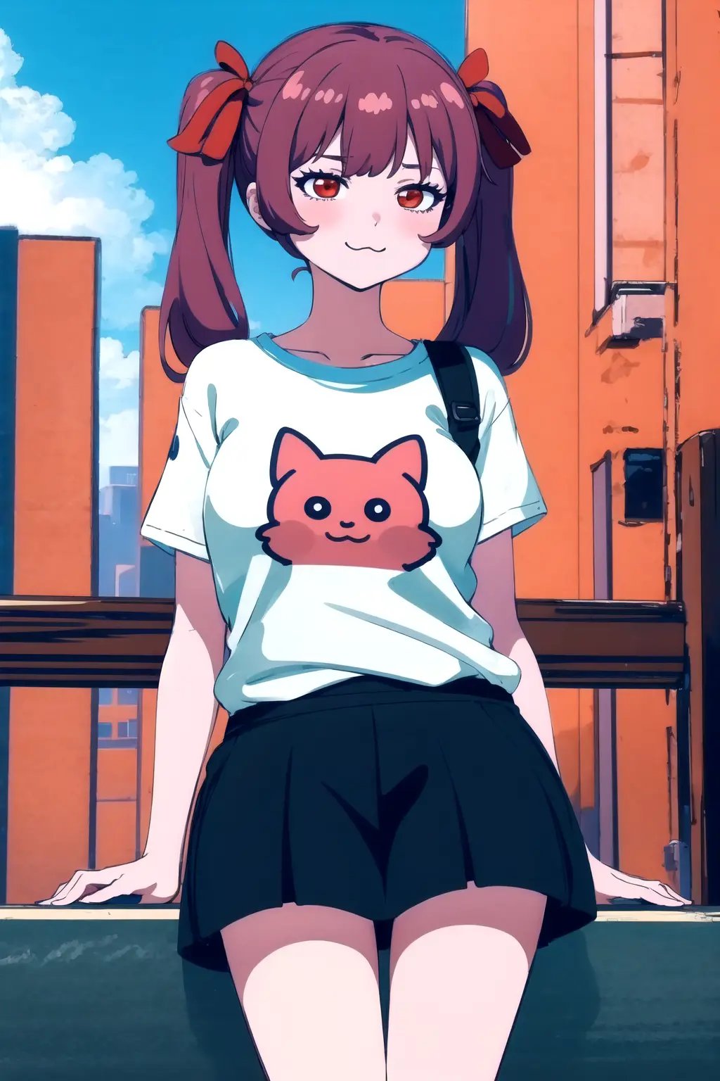 absurdres, highres, best quality,  <lora:megu-lokr (5):1> asdf123, 1girl, t-shirt, emoji print, :3, outdoors, city, short twintails, red eyes, 