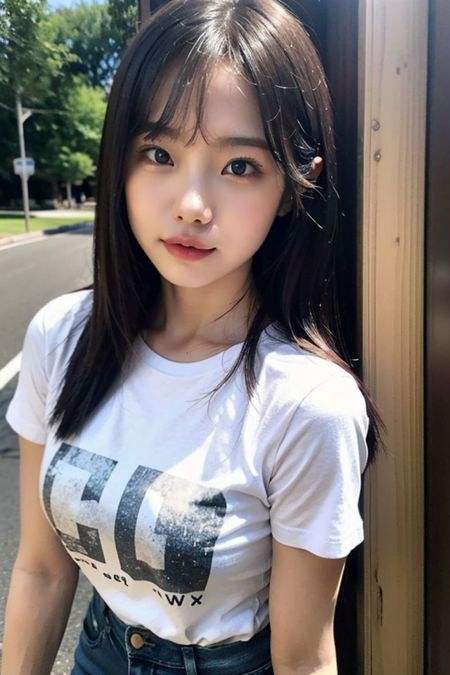portrait of ichikajp, beautiful girl, medium breasts ((20 year old girl)), ((SFW)), looking at viewer, ((outdoor)), t-shirt, jean <lora:ichikajp-15:0.8>