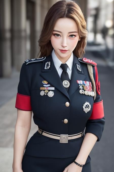 (8k, RAW photo, best quality, masterpiece:1.2), (realistic, photo-realistic:1.37),\(ulzzang-6500-v1.1\),\(detailed eyes\), \(detailed facial features\), \(\(detailed clothes features\)\), (upper body),(large breasts),(face focus),extremely detailed CG unity 8k wallpaper, huge filesize, ultra-detailed, highres, absurdres,beautiful eyes,ray tracing, dramatic shadows,fine detail,dramatic angle,high saturation,lens flare,(standing),soft light,Detailed skin texture, detailed clothing texture,looking at viewer,1girl, solo,red armband,badge, necktie,light blush,(smile face,happy),solo, <lora:german_uniform-000018:0.6> german/(military uniform/),short pencil skirt,Monica Bellucci, 