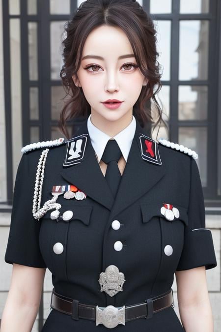 (8k, RAW photo, best quality, masterpiece:1.2), (realistic, photo-realistic:1.37),\(ulzzang-6500-v1.1\),\(detailed eyes\), \(detailed facial features\), \(\(detailed clothes features\)\), (upper body),(large breasts),(face focus),extremely detailed CG unity 8k wallpaper, huge filesize, ultra-detailed, highres, absurdres,beautiful eyes,ray tracing, dramatic shadows,fine detail,dramatic angle,high saturation,lens flare,(standing),soft light,Detailed skin texture, detailed clothing texture,looking at viewer,1girl, solo,red armband,badge, necktie,light blush,(smile face,happy),solo, <lora:german_uniform-000018:1> german/(military uniform/),short pencil skirt,Monica Bellucci, 