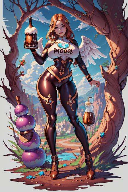 (masterpiece, best_quality, ultra-detailed, immaculate:1.3), epic, illustration, welcoming, 1girl, (root beer:1.3) cute angel, full body, cameltoe, [:wild costume design,:0.2], official art, vivid color, thicc slim hourglass figure