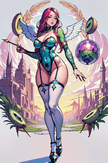 (masterpiece, best_quality, ultra-detailed, immaculate:1.3), epic, illustration, welcoming, 1girl, (Kiwi:1.3) angel, full body, lingerie, [:outlandish, outlandish costume design,:0.2], official art, vivid color, thicc slim hourglass figure