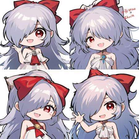 sinestrea, 1girl, chibi, grey hair, bare shoulders, sleeveless white dress, frown hair bow, hair over one eye, one eye covered, long hair, medium breasts, red bow, red eyes, <lora:Sinestrea:1>, smile, open mouth, <lora:jokanhiyou:0.5>, white background