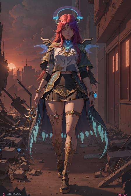 (masterpiece), (best_quality), (ultra-detailed), (illustration), (welcoming), 1girl, (bioluminescent chronomancer runemaster:1.3), (in a  war-torn city:1.3), (full body:1.4), crimson hair with sunset highlights, very long hair, [:casual, colorful costume design:0.2], tattoos,shawl, small breasts, narrow waist, tall, toned perfect hourglass figure,skindentation, ((short skirt:1.5):1.2), , official art, vivid color, finely detailed, hyper detailed, 8k, high resolution illustration, absurdres, intricate detail<lora:EnvyGoddessMix01:1>