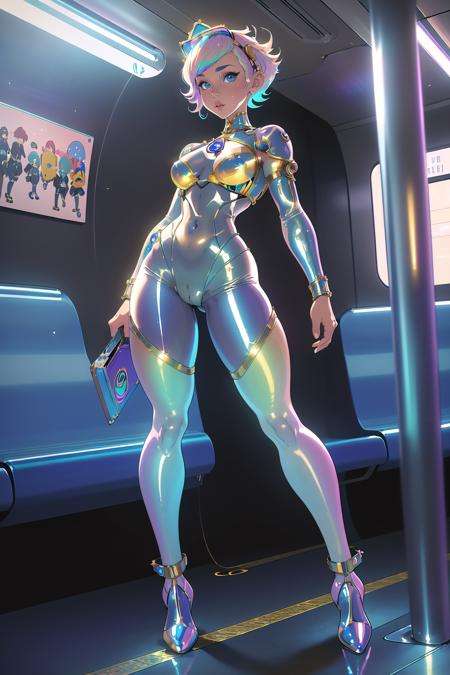 (masterpiece, best_quality, ultra-detailed, immaculate:1.3), epic, illustration, 1girl, (metallic Babycore:1.3) cute catgirl, full body, cameltoe, [:creative, casual costume design,:0.2], official art, light caucasian skin, dramatic iridescent multicolor lighting , on a  subway car, bombshell hair, muted multicolor hair, Buzz Cut, heads together<lora:EnvyBeautyMix16:1>