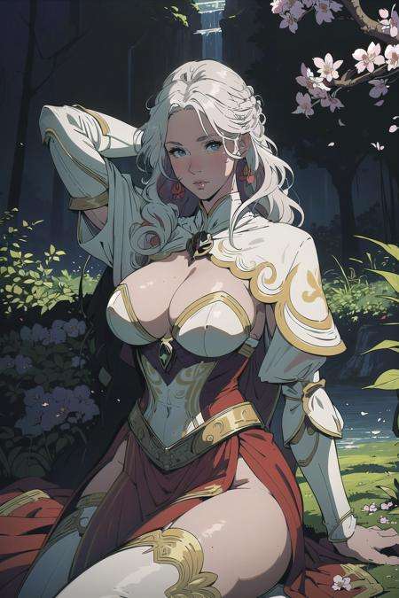 (masterpiece, best_quality, ultra-detailed, immaculate:1.3), epic, illustration, paladin  villainess, armor, ginger hair, curly hair, long hair, sitting on shoulder, in the cherry blossom jungle, in a Canadian, Canadian village, bombshell hair, white hair, Thigh Length Hair,multcolored hair, arm behind head<lora:EnvyBeautyMix16:1>