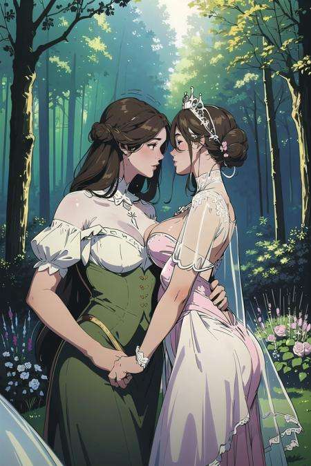 2girls, couple, kissing, (masterpiece, best_quality, ultra-detailed, immaculate:1.3), epic, illustration, digital painting, welcoming, Garden Rose princess, see-through gossamer, , in a  spring forest, bombshell hair, pastel brown hair, low-tied long hair,Ballerina Bun, seiza<lora:EnvyBeautyMix16:1>