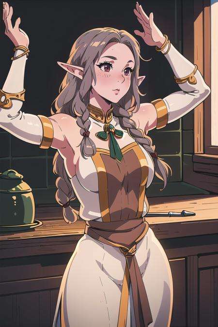 (masterpiece, best_quality, ultra-detailed, immaculate:1.3), epic, illustration, welcoming, 1girl, witch, elf, brown hair, Rat Tail,low-braided long hair, in a  kitchen, in a  smithy, bombshell hair, vivid silver hair, hair ribbon,Sugar and Spice Curls, jojo pose<lora:EnvyBeautyMix16:1>