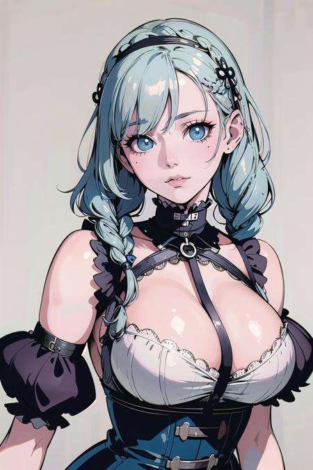 pastel goth, (masterpiece, best_quality, ultra-detailed, immaculate:1.3), epic, illustration, welcoming, 1girl, druid, aqua hair, french braids, simple background, in a Korean, steampunk museum, bombshell hair, blue-grey hair, Retro Waves, wariza <lyco:EnvyPastelGoth01:1.1.3>