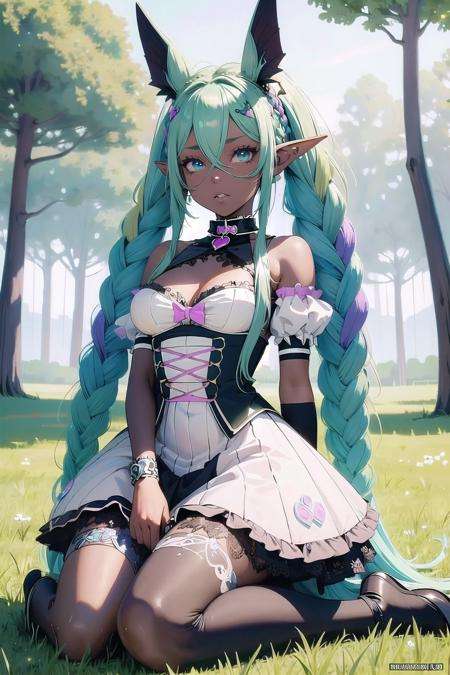 pastel goth, (masterpiece, best_quality, ultra-detailed, immaculate:1.3), epic, illustration, welcoming, 1girl, girl, elf, aqua hair, twin braids, (full body:1), [:revealing costume design:0.2], (dark skin:1.3), in a deciduous meadow, in a voxel, Brazillian warzone, bombshell hair, blonde hair, ahoge,Mermaid Hair, rabbit pose <lyco:EnvyPastelGoth01:1.1>