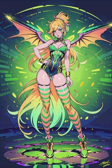 (masterpiece, best_quality, ultra-detailed, immaculate:1.3), epic, illustration, 1girl, (signature City Pop:1.3) succubus, wings, full body, cameltoe, [:formal costume design,:0.2], official art, chinese,  light peach lighting from below, in a mad scientist's hurricane,  striped legwear, neon green color scheme, multicolored hair, bombshell hair, dark yellow hair with red-orange highlights, half updo, jojo pose<lyco:EnvyRadioactive01-sd15-d:1><lyco:EnvyElegance:0.3>