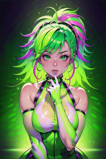 (masterpiece, best_quality, ultra-detailed, immaculate:1.3), epic, illustration, render, volumetric lighting, welcoming, Finger Lime entity, see-through gossamer, , in  Japan,  striped elbow gloves, neon green color scheme, multicolored hair, bombshell hair, rainbow hair, half updo,Blowout Curls, upside-down<lyco:EnvyRadioactive01-sd15-d:1><lyco:EnvyElegance:0.3>