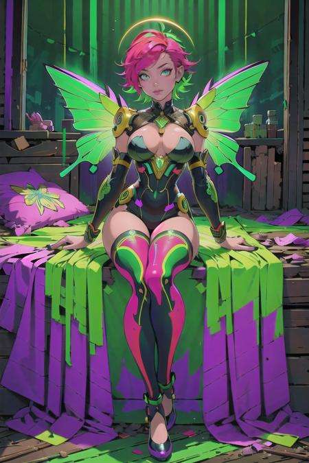 (masterpiece, best_quality, ultra-detailed, immaculate:1.3), epic, illustration, 1girl, (dilapidated Mythpunk:1.3) angel, full body, [:intricate costume design,:0.2], official art, japanese, soft dark red lighting from below, in a  metropolis,  striped legwear, neon green color scheme, multicolored hair, bombshell hair, vivid magenta hair, ahoge, butterfly sitting<lyco:EnvyRadioactive01-sd15-d:1><lyco:EnvyElegance:0.7>