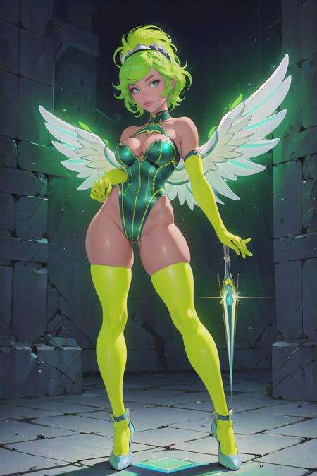 (masterpiece, best_quality, ultra-detailed, immaculate:1.3), epic, illustration, 1girl, (sharp Hellenic:1.3) cute angel, full body, cameltoe, [:revealing, formal costume design,:0.2], official art, caucasian, studio azure lighting , in a  hurricane,  striped elbow gloves, neon green color scheme, multicolored hair, bombshell hair, ginger hair, swept bangs, pigeon pose<lyco:EnvyRadioactive01-sd15-d:1><lyco:EnvyElegance:0.7>