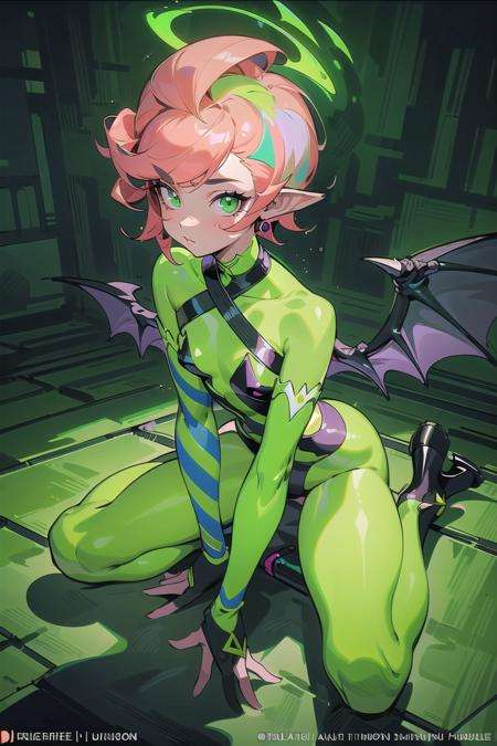 (masterpiece, best_quality, ultra-detailed, immaculate:1.3), epic, illustration, 1girl, (timeless Grifes:1.3) cute succubus, wings, full body, [:creative costume design,:0.2], official art, dark skin, dramatic glowing blue-green lighting from above, in a tiny, streamline moderne zen garden,  striped elbow gloves, neon green color scheme, multicolored hair, bombshell hair, peach hair with peach highlights, swept bangs,Pompadour Quiff, upside-down<lyco:EnvyRadioactive01-sd15-d:1><lyco:EnvyElegance:0.7>