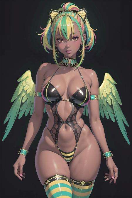 (masterpiece, best_quality, ultra-detailed, immaculate:1.3), epic, illustration, 1girl, (boring Teddies:1.3) angel, full body, lingerie, [:outlandish, revealing costume design,:0.2], official art, dark skin, soft vivid red lighting , in the Egyptian water,  striped skirt, neon green color scheme, multicolored hair, bombshell hair, platinum hair, half updo, own hands together<lyco:EnvyRadioactive01-sd15-d:1><lyco:EnvyElegance:0.3>