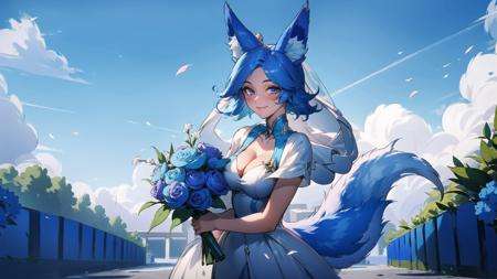 1girl, medium hair, blue hair, blue eyes, large breasts, white dress, cleavage, animal ears, fox ears, fox tail, <lora:Liliana:0.6>, smile, (wedding dress),blush, depth of field, flowers, holding a bouquet, outdoors, standing, looking at viewer, sunlight, blue sky, cloud, letterboxed, blurry, upper body, <lora:AOVStyle:0.6>