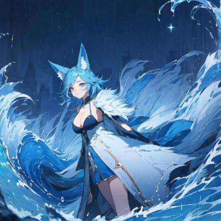 1girl, medium hair, blue hair, blue eyes, large breasts, white dress, cleavage, animal ears, fox ears, fox tail, <lora:Liliana:0.6>, <lora:RAL:0.5>, ruins,wave,rain,starry sky, night,city,citylights