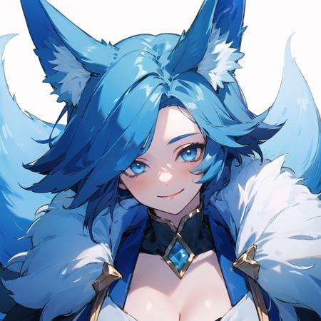 1girl, medium hair, blue hair, blue eyes, large breasts, white dress, cleavage, animal ears, fox ears, fox tail, <lora:Liliana:0.6>, smile, upper body, portrait