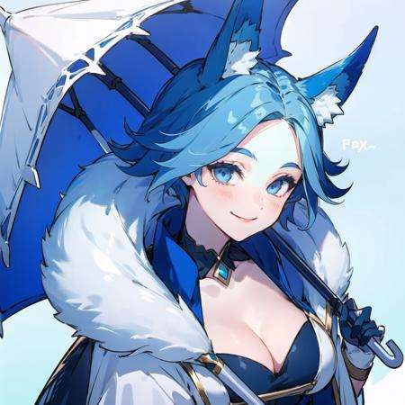 1girl, medium hair, blue hair, blue eyes, large breasts, white dress, cleavage, animal ears, fox ears, fox tail, <lora:Liliana:0.7>, smile, upper body, portrait, holding umbrella