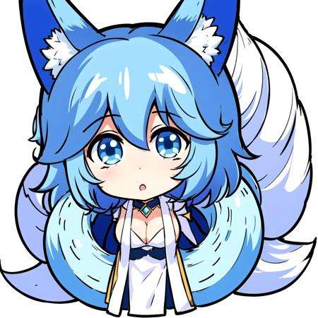 1girl, medium hair, blue hair, blue eyes, large breasts, white dress, cleavage, animal ears, fox ears, fox tail, <lora:Liliana:0.7>, :o, <lora:jokanhiyou:0.5>, chibi, white background