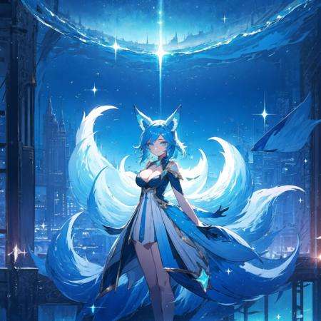 1girl, medium hair, blue hair, blue eyes, large breasts, white dress, cleavage, animal ears, fox ears, fox tail, <lora:Liliana:0.6>, smile, <lora:RAL:0.5>, cloud, night, starry sky, ocean, shooting star, scenery,outstretched arm,floating, island,indoors,bird,building,sparkle,sun, (cityscape|palace), standing, looking at viewer