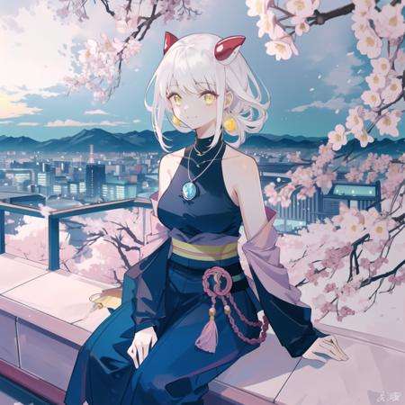 1girl, solo, smile, medium breasts, bare shoulders, jewelry, white hair, yellow eyes, clothing cutout, necklace, horn, <lora:Qi:1>, (from above:0.8), depth of field, cute little girl,solo,solo focus,feel happy,graduate,(Cherry blossom:1.1),sakura, (In spring, a girl sits on an observation deck on a hillside far from the city looking out over the city at night,The city shines with neon in the distance and the tall Tokyo Tower towers over the city:1.25),Lighting,starry sky, cloudy sky, cloud, (full moon:0.7), <lora:mocha_sky:0.5>