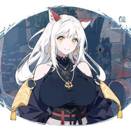 1girl, solo, smile, large breasts, bare shoulders, jewelry, white hair, yellow eyes, clothing cutout, necklace, (animal ears|red horn:0.85), <lora:Qi:1>, <lora:animemix_16:1>