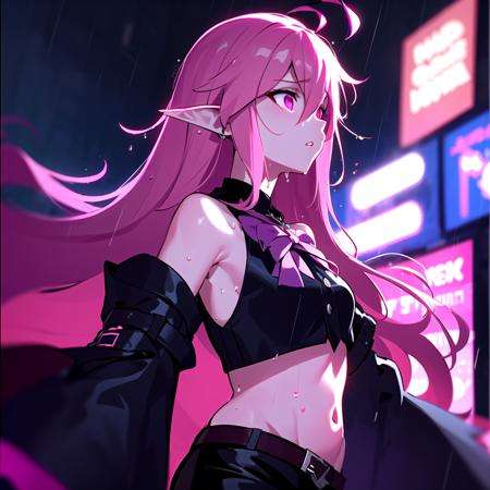 Keera, 1girl, pink hair, hair spread out, hair between eyes, very long hair, bowtie, parted lips, pointy ear, purple eyes, sleeves past wrists, black sleeves, black shorts, belt, detached sleeves, ahoge, heart necklace, navel, <lora:Keera:0.85>,expressionless, blade runner 2049, (rain), ((pink neon lights)), (from side, looking up:1.2), blurry background, letterboxed, (glowing), pink lighting, bridge, movie reference, scenery, profile, wet, night