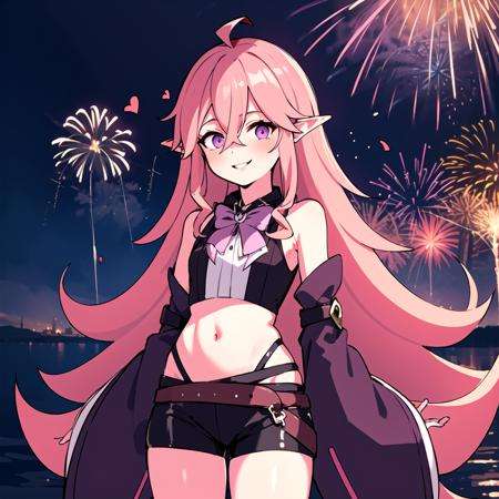 Keera, 1girl, pink hair, hair spread out, hair between eyes, very long hair, bowtie, parted lips, pointy ear, purple eyes, sleeves past wrists, black sleeves, black shorts, belt, detached sleeves, ahoge, heart necklace, navel, <lora:Keera:1>, smile, looking at viewer, lily \(flower\),(fireworks),(aerial fireworks),firework background,(night),shrine,lake, light reflection \(water\), standing, from below