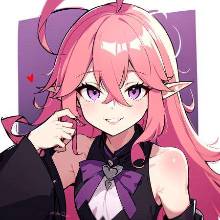 Keera, 1girl, pink hair, hair spread out, hair between eyes, very long hair, bowtie, parted lips, pointy ear, purple eyes, sleeves past wrists, black sleeves, black shorts, belt, detached sleeves, ahoge, heart necklace, navel, <lora:Keera:1>,smile, portrait