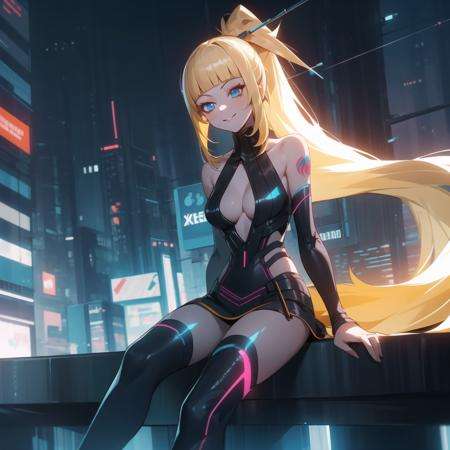 1girl,blue eyes,bare shoulders, blonde hair,blunt bangs,cleavage, collarbone, detached sleeves, dress,tattoo, long hair, thigh boots,jewelry, medium breasts,(hair stick:1.2), hair ornament, high ponytail, smile, <lora:Aoi:0.6>,((cyberpunk)), city in night, (night:1.1)