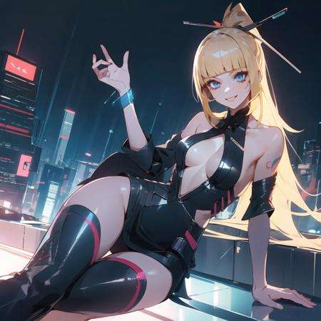 1girl,blue eyes,bare shoulders, blonde hair,blunt bangs,cleavage, collarbone, detached sleeves, dress,tattoo, long hair, thigh boots,jewelry, medium breasts,(hair stick:1.2), hair ornament, high ponytail, smile, <lora:Aoi:0.6>,((cyberpunk)), city in night, (night:1.1)