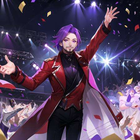 1boy, purple hair, medium hair, facial hair, long sleeves, red coat, open coat, male focus, black pants, male focus, purple eyes, carpet, <lora:Florentino:0.6>, smile, ,electricity,concert,outdoors, crowd,confetti,stage lights, spotlight, night, outstretched arm, <lora:AOVStyle:0.55>