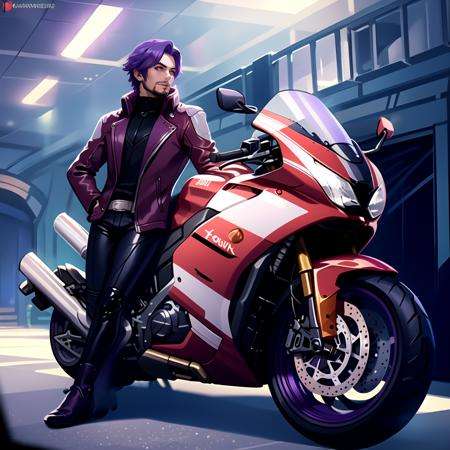 1boy, purple hair, medium hair, facial hair, long sleeves, red coat, open coat, male focus, black pants, male focus, purple eyes, carpet, <lora:Florentino:0.7>, BikerC <lora:BikerC:0.5>, (best quality, ultra-detailed, best illustration, best shadow, masterpiece, high res, professional artwork, famous artwork), red motorcycle