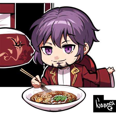 1boy, solo, purple hair, facial hair, long sleeves, red coat, open coat, male focus, black pants, male focus, purple eyes, carpet, <lora:Florentino:0.6>, smile, <lora:jokanhiyou:0.5>, chibi, ramen,chopsticks, <lora:ramen_v4:1>, white background