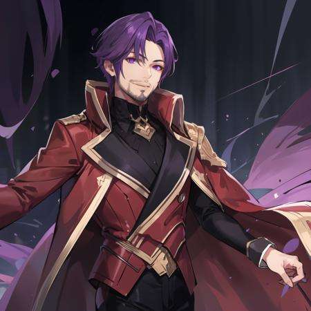 1boy, purple hair, medium hair, facial hair, long sleeves, red coat, open coat, male focus, black pants, male focus, purple eyes, carpet, <lora:Florentino:0.6>, smile