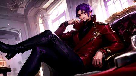 1boy, solo, purple hair, facial hair, long sleeves, red coat, open coat, male focus, black pants, male focus, purple eyes, smile, carpet, <lora:Florentino:0.6>, <lora:AOVStyle:0.55>, sitting