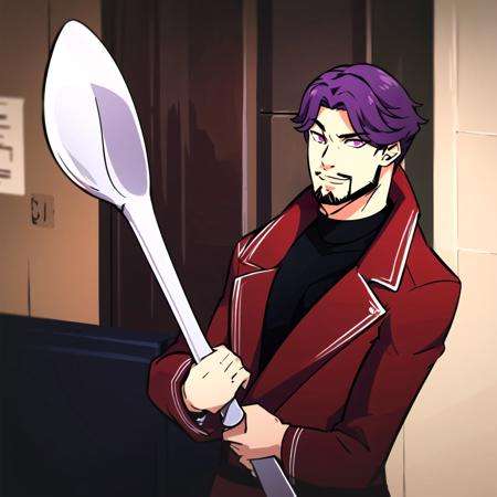 1boy, solo, purple hair, facial hair, long sleeves, red coat, open coat, male focus, black pants, male focus, purple eyes, carpet, <lora:Florentino:0.6>, smile,ComicallyLargeSpoon, <lora:ComicallyLargeSpoon:1>