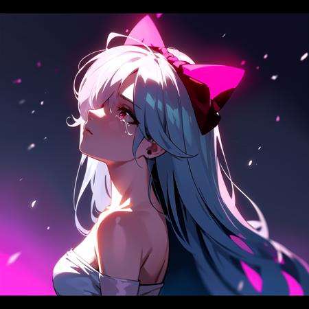 sinestrea, 1girl, solo, grey hair, bare shoulders, sleeveless white dress, frown hair bow, hair over one eye, one eye covered, long hair, medium breasts, red bow, red eyes, <lora:Sinestrea:0.85>, expressionless, blade runner 2049, rain, ((pink neon lights)), (from side, looking up:1.2), blurry background, goslingposting, crying, letterboxed, glowing, pink lighting, bridge, movie reference, scenery, profile