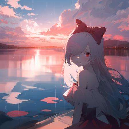 sinestrea, 1girl, grey hair, bare shoulders, sleeveless white dress, frown hair bow, hair over one eye, one eye covered, long hair, medium breasts, red bow, red eyes, <lora:Sinestrea:0.85>, smile, ((raining)), sunset, sky, cloud, sitting, looking at viewer, reflection, (from above:0.8), water surface, <lora:Sky:1>