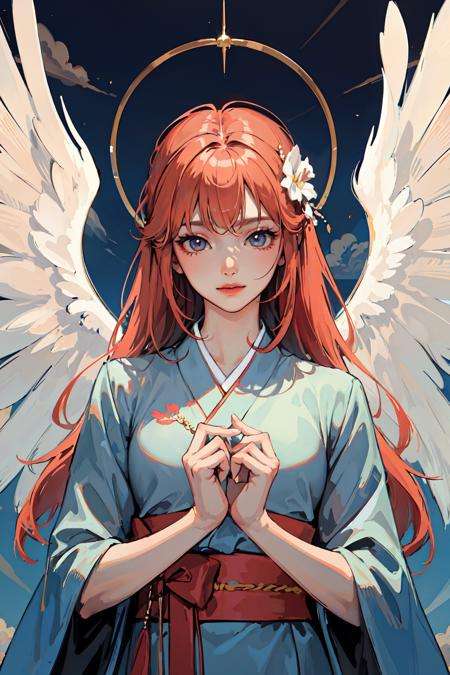 (masterpiece:1.2, best quality), 1lady, solo, Angelic messenger, Feathered wings, Celestial realm, Divine messages, Grace, Purity, Compassion, upper body, <lora:Hanbok_LoRA_V2:0.3>, sky, cloud, hanbok